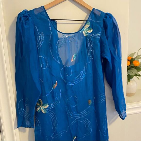Vintage Handmade Blue Embellished Long Sleeve Mermaid Maxi Gown Small - Picture 15 of 15